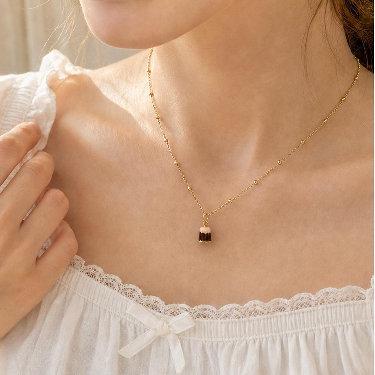 Handcrafted Enamel Pudding Charm, Whimsical Dessert Pendant, Dainty Jewelry, 18k Gold Plated Necklace Chain