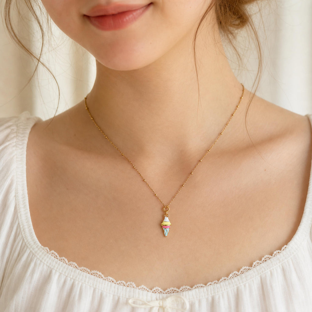 Handcrafted Enamel Ice-cream Necklace, 18k Gold Plated Necklace, Personalised Gift for Food Lovers, Soft Girl Outfit, Ice cream Jewelry