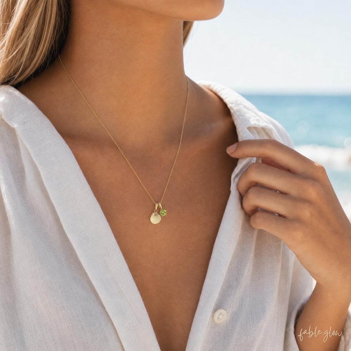 14K Real Gold Filled Shell Peridot Necklace, Dainty Coastal Pendant, Natural Peridot August Birthstone Gift for Her, Layering Necklace