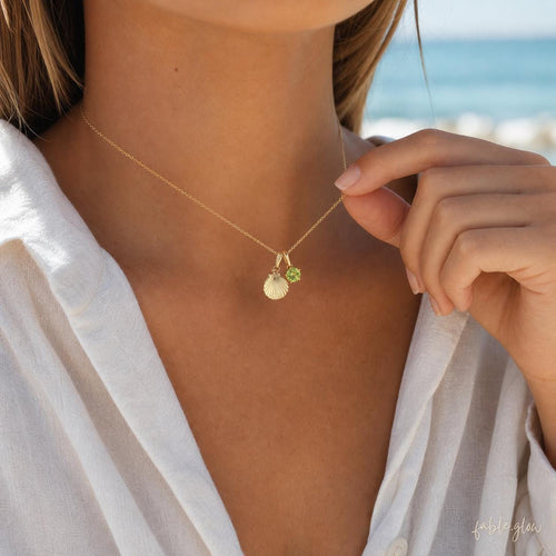 14K Gold Filled Shell Peridot Necklace, August Birthstone Jewelry, Real Gold, Coastal Ocean Jewelry, Green Gemstone Birthday Gift for Her
