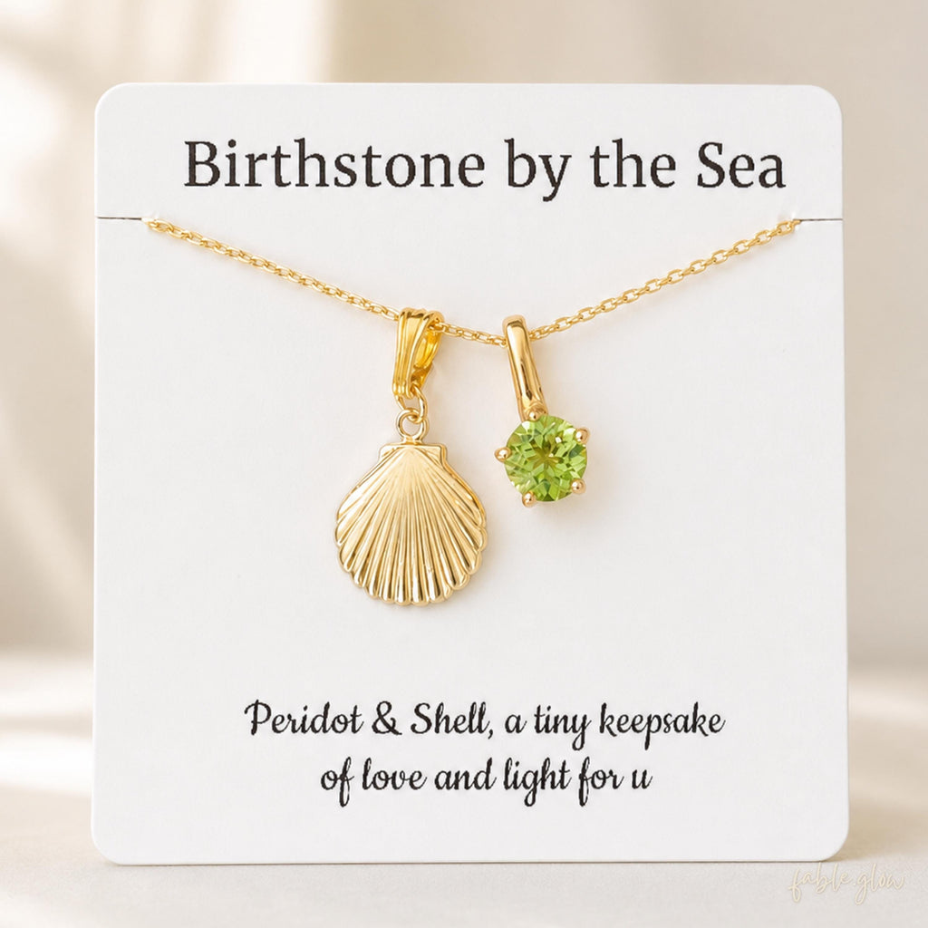 14K Gold Filled Shell Peridot Necklace, August Birthstone Jewelry, Real Gold, Coastal Ocean Jewelry, Green Gemstone Birthday Gift for Her