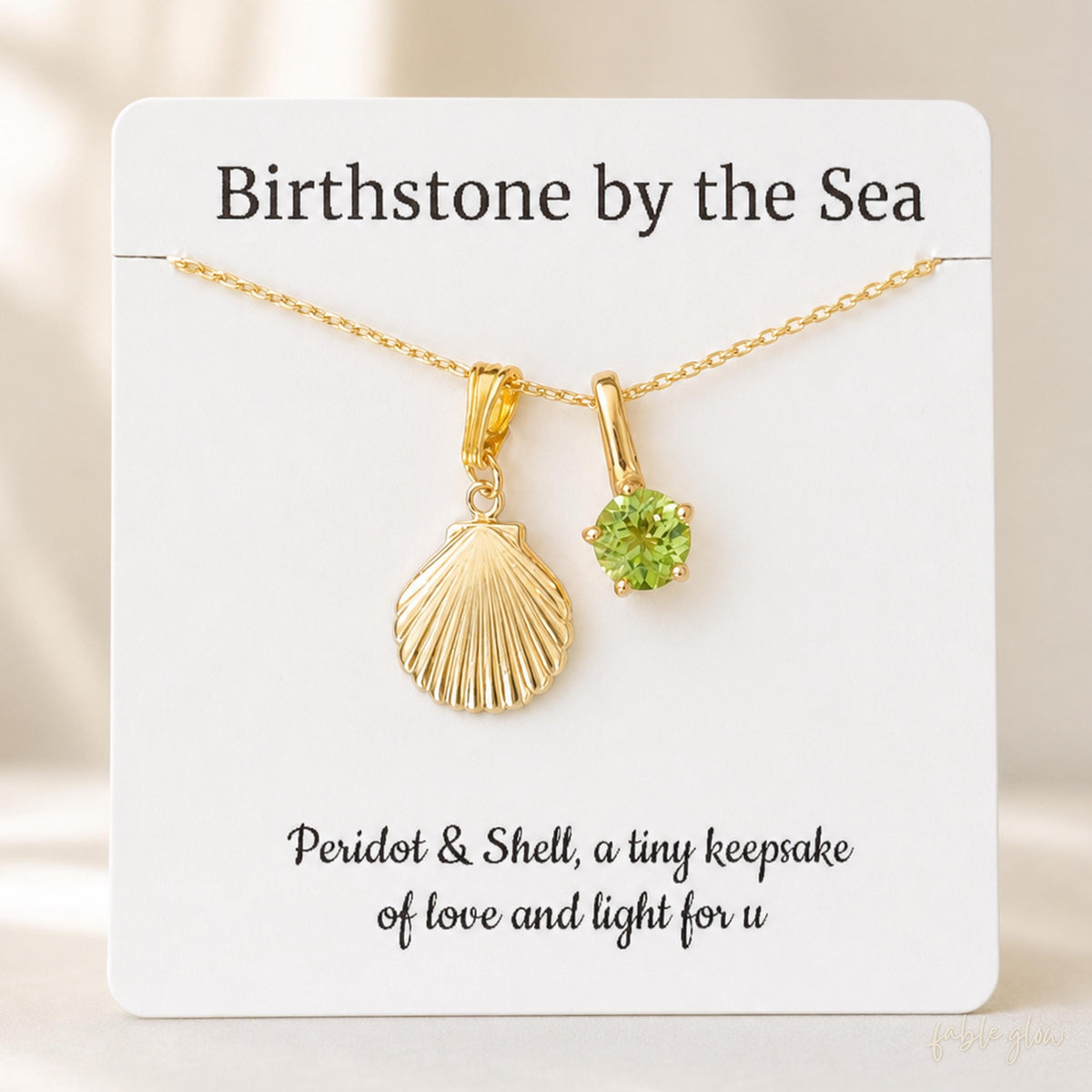 14K Gold Filled Shell Peridot Necklace, August Birthstone Jewelry, Real Gold, Coastal Ocean Jewelry, Green Gemstone Birthday Gift for Her