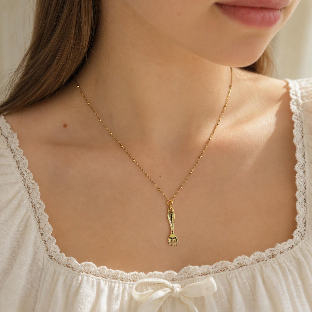 Handcrafted Fork Charm For Food Lovers, 18k Gold Plated Necklace