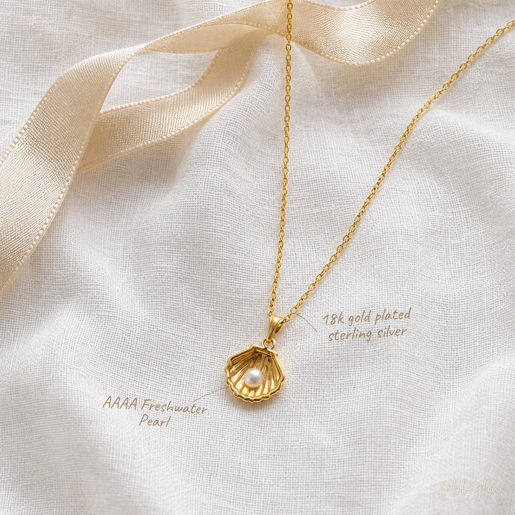 Freshwater Pearl Shell Necklace, 18k Gold Plated Sterling Silver, Coastal Beach Outfit, Summer Vacation Jewelry, Ocean Layering Necklace