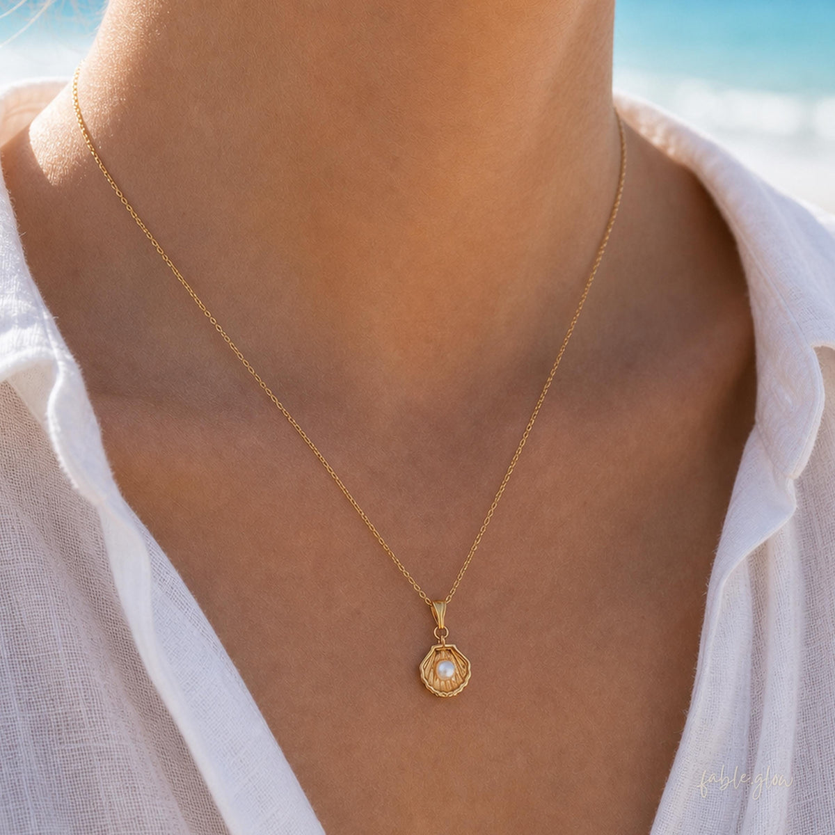 Freshwater Pearl Shell Necklace, 18k Gold Plated Sterling Silver, Coastal Beach Outfit, Summer Vacation Jewelry, Ocean Layering Necklace