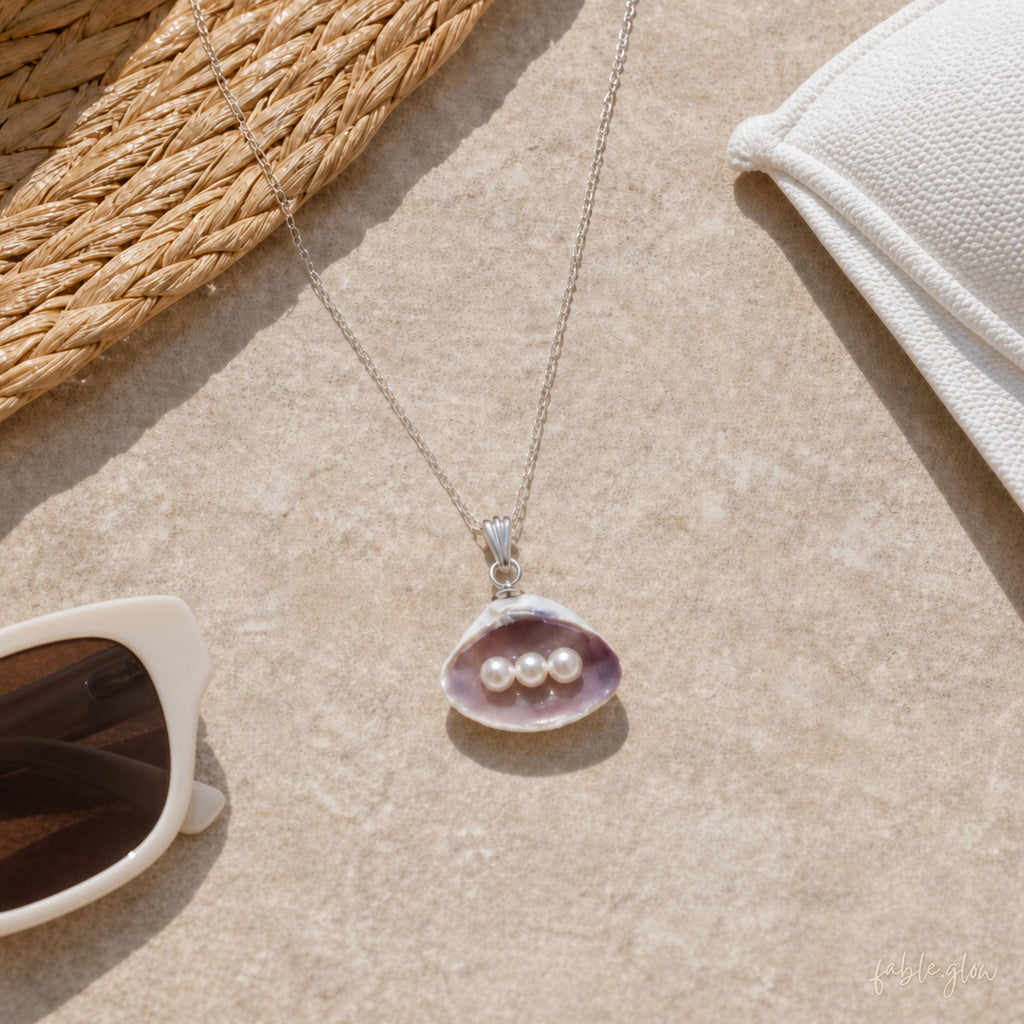 Lavender Seashell Necklace with Freshwater Pearls, 18K White Gold Plated Silver Chain, Mermaidcore Coastal Statement Jewelry, Beach Wedding