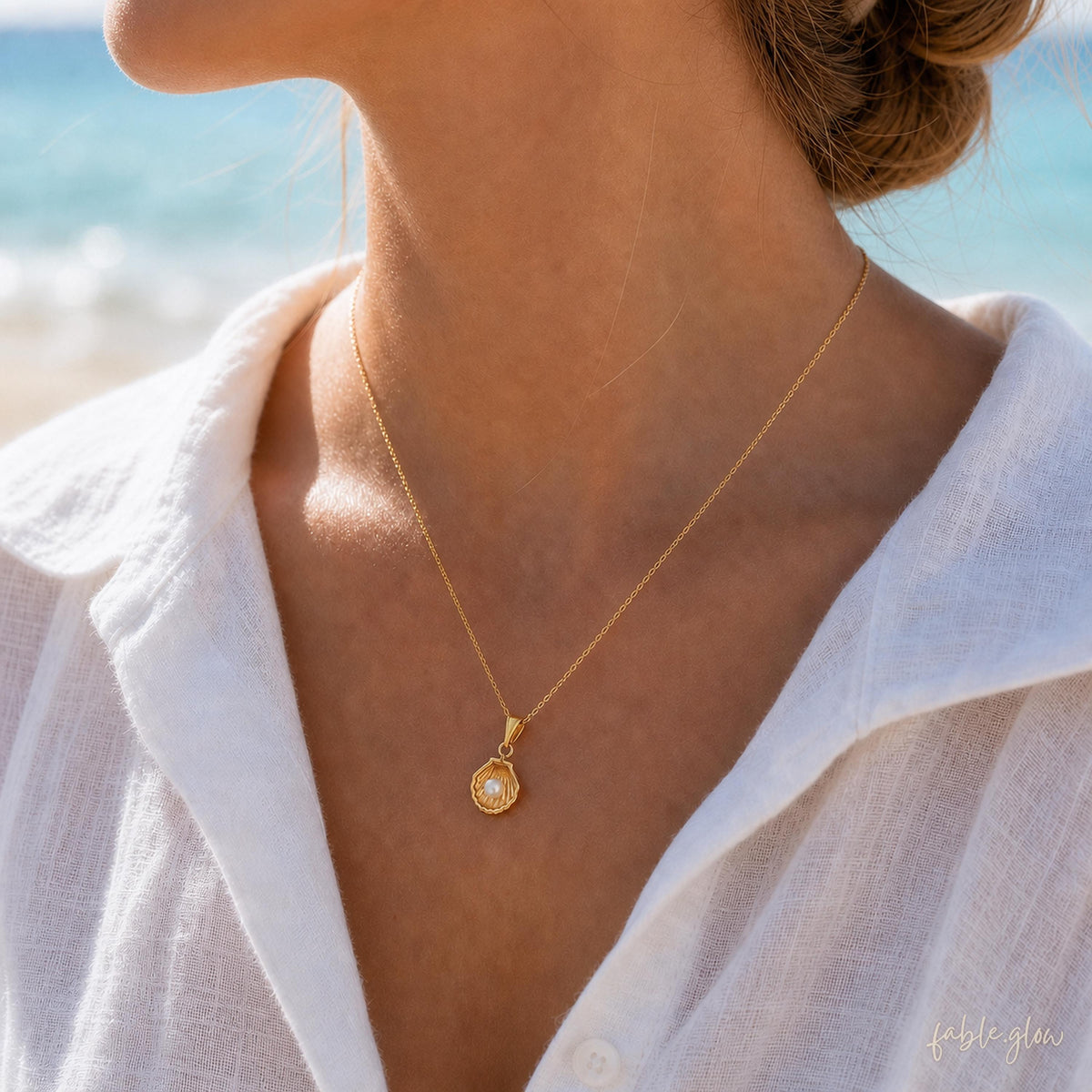 Freshwater Pearl Shell Necklace, 18k Gold Plated Sterling Silver, Coastal Beach Outfit, Summer Vacation Jewelry, Ocean Layering Necklace