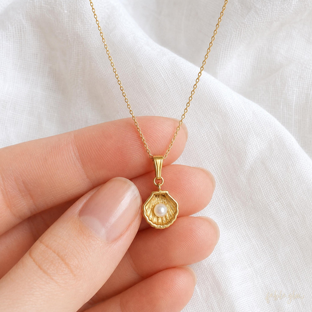 Freshwater Pearl Shell Necklace, 18k Gold Plated Sterling Silver, Coastal Beach Outfit, Summer Vacation Jewelry, Ocean Layering Necklace