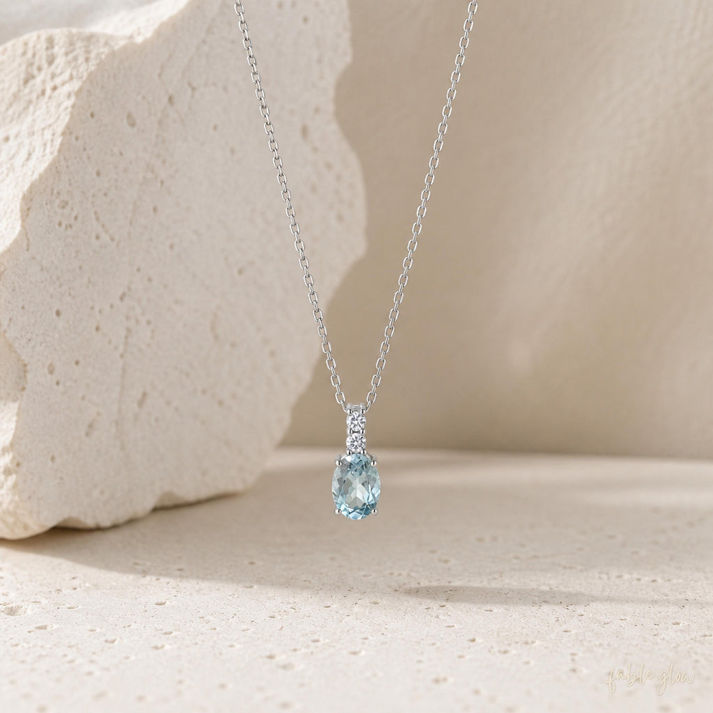 Something Blue Necklace for Bride, Natural Aquamarine Gemstone Necklace, 18K White Gold Plated, Wedding Day Bridal Gift, Maid of Honor Gift