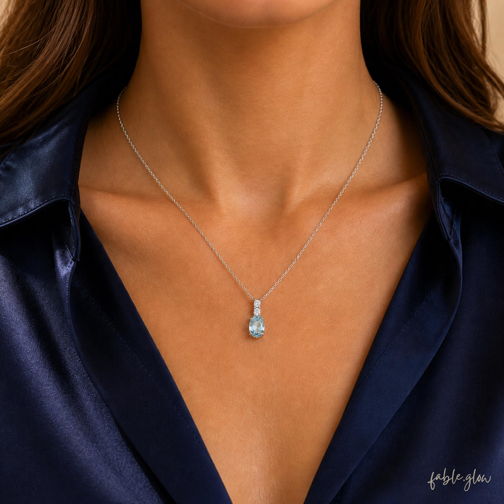 Natural Aquamarine Oval Necklace, March Birthstone Birthday Gift for Her, 14K White Gold, Something Blue Bridal Gift, Icy Blue Gemstone
