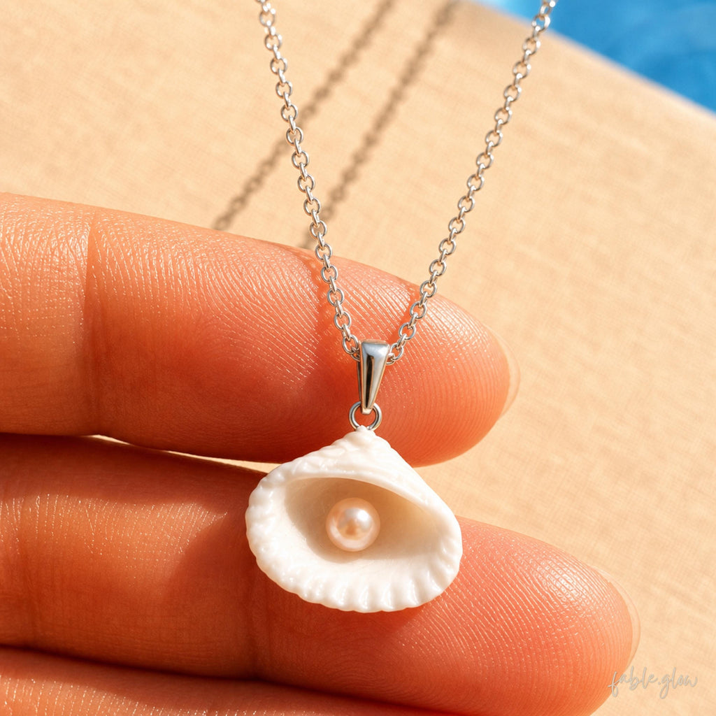 Seashell with Freshwater Pink Pearl Necklace, Dainty Silver Pearl Pendant, Coastal Cruise Jewelry, Beach Wedding Guest Necklace