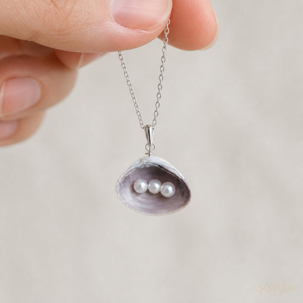 Lavender Seashell Necklace with Freshwater Pearls, 18K White Gold Plated Silver Chain, Mermaidcore Coastal Statement Jewelry, Beach Wedding