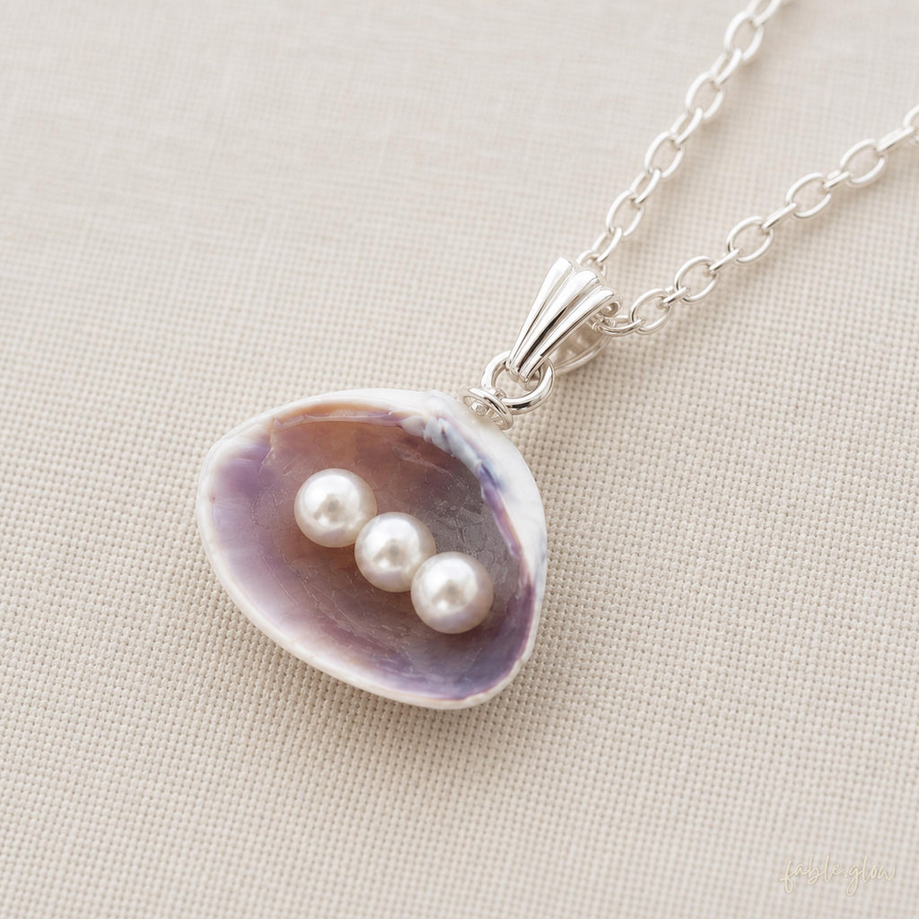 Lavender Seashell Necklace with Freshwater Pearls, 18K White Gold Plated Silver Chain, Mermaidcore Coastal Statement Jewelry, Beach Wedding