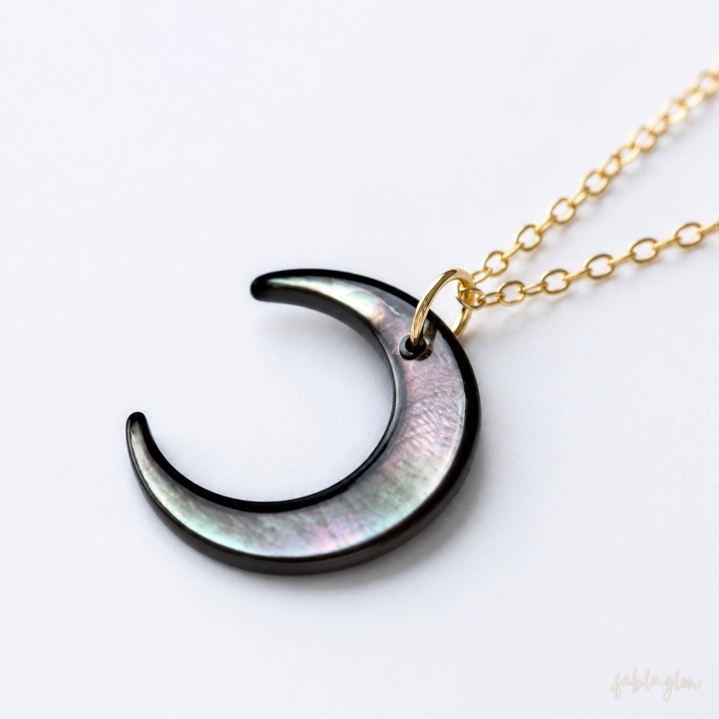 Black Mother of Pearl Moon Necklace, Dainty Gold Crescent Pendant, Minimalist Celestial Jewelry for Work, Gold Layering Necklace