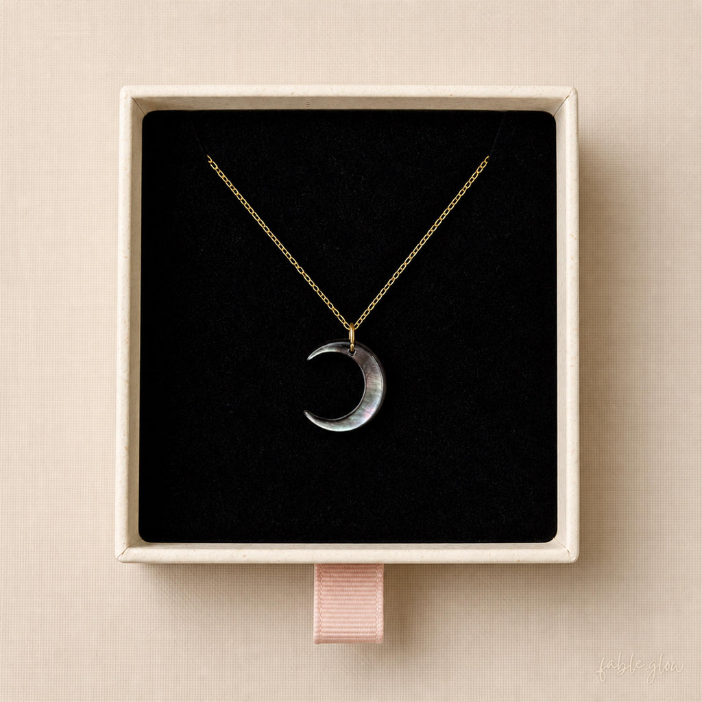 Black Mother of Pearl Moon Necklace, Dainty Gold Crescent Pendant, Minimalist Celestial Jewelry for Work, Gold Layering Necklace