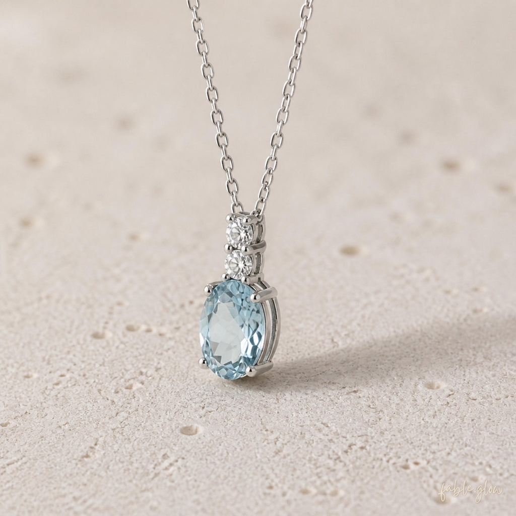 Natural Aquamarine Necklace, March Birthstone Jewelry, Dainty Blue Gemstone Crystal Healing Pendant, Real White Gold, Anxiety Relief Gift