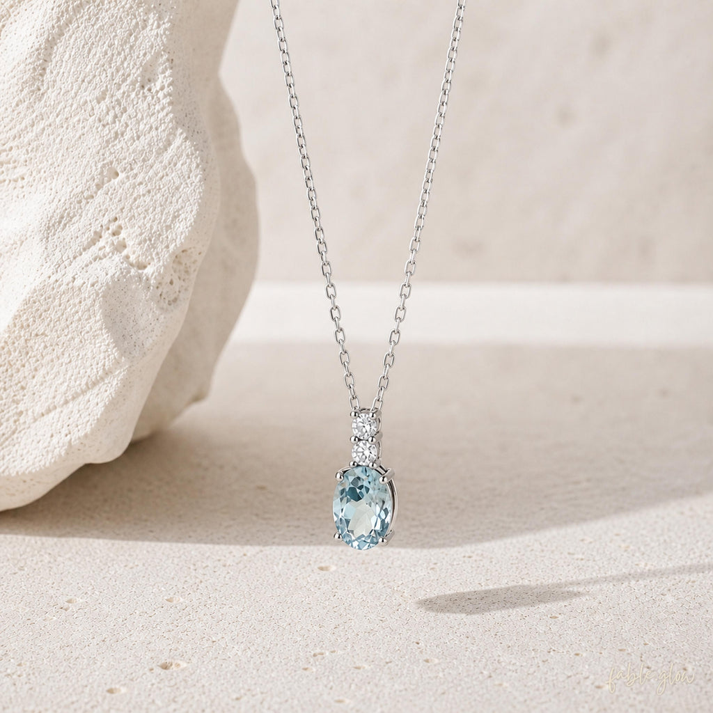 Natural Aquamarine Oval Necklace, March Birthstone Birthday Gift for Her, 14K White Gold, Something Blue Bridal Gift, Icy Blue Gemstone