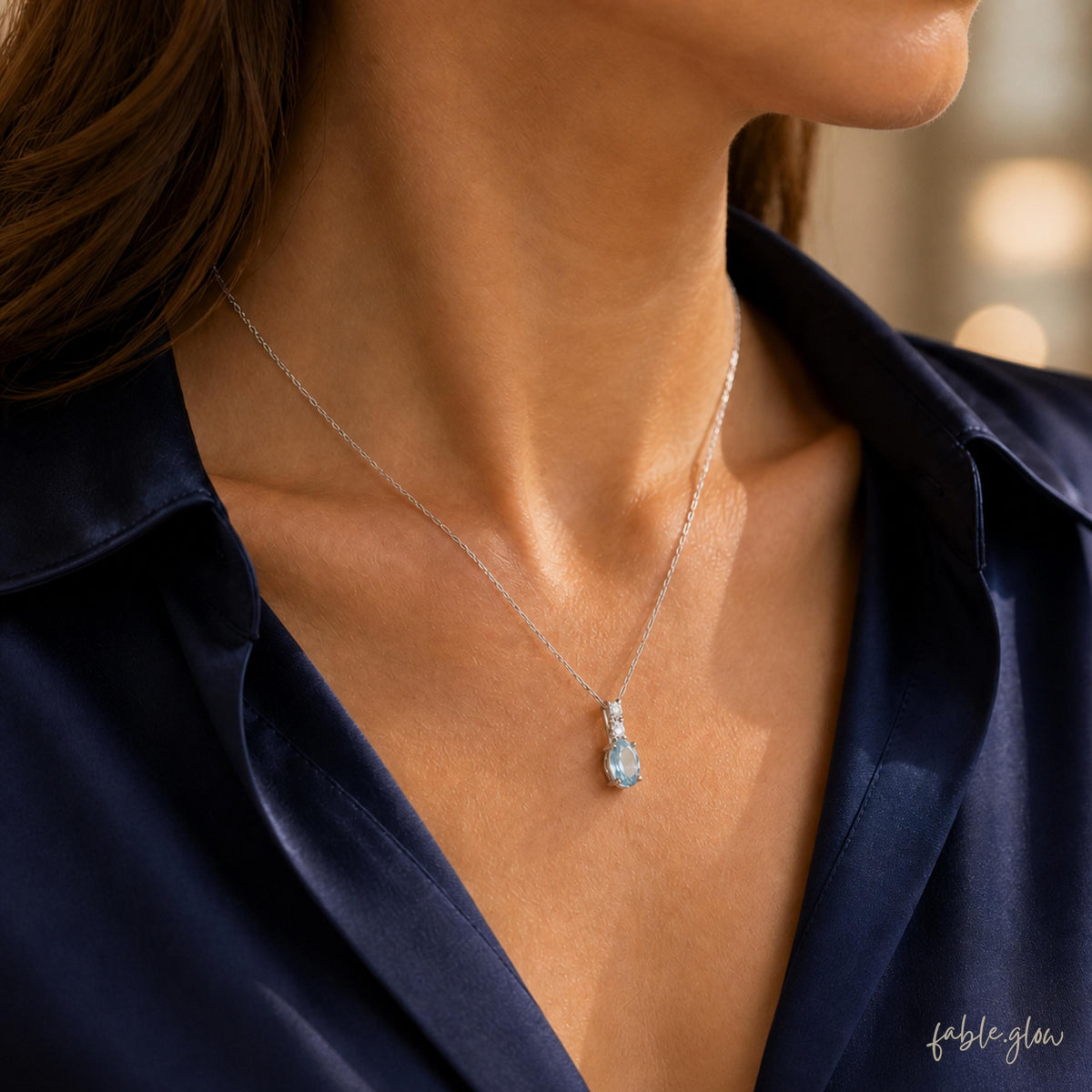 Natural Aquamarine Oval Necklace, March Birthstone Birthday Gift for Her, 14K White Gold, Something Blue Bridal Gift, Icy Blue Gemstone