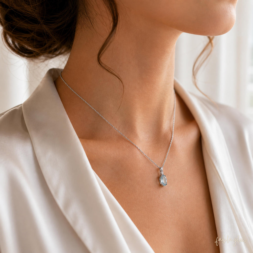 Something Blue Necklace for Bride, Natural Aquamarine Gemstone Necklace, 18K White Gold Plated, Wedding Day Bridal Gift, Maid of Honor Gift
