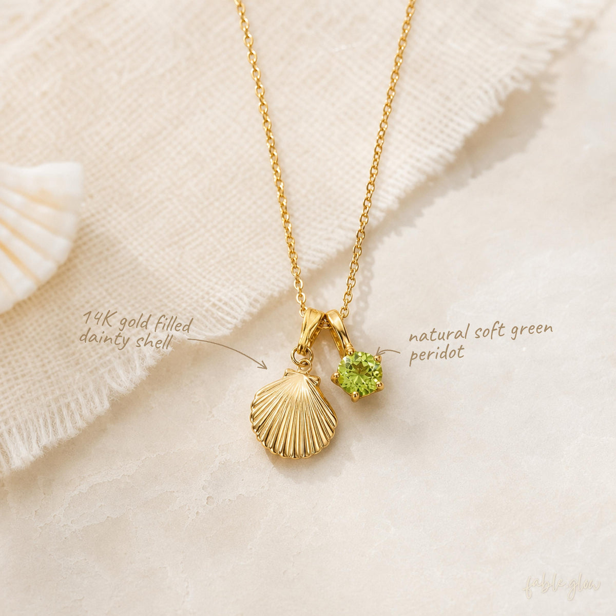 14K Real Gold Filled Shell Peridot Necklace, Dainty Coastal Pendant, Natural Peridot August Birthstone Gift for Her, Layering Necklace