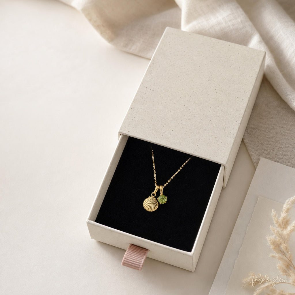 14K Real Gold Filled Shell Peridot Necklace, Dainty Coastal Pendant, Natural Peridot August Birthstone Gift for Her, Layering Necklace