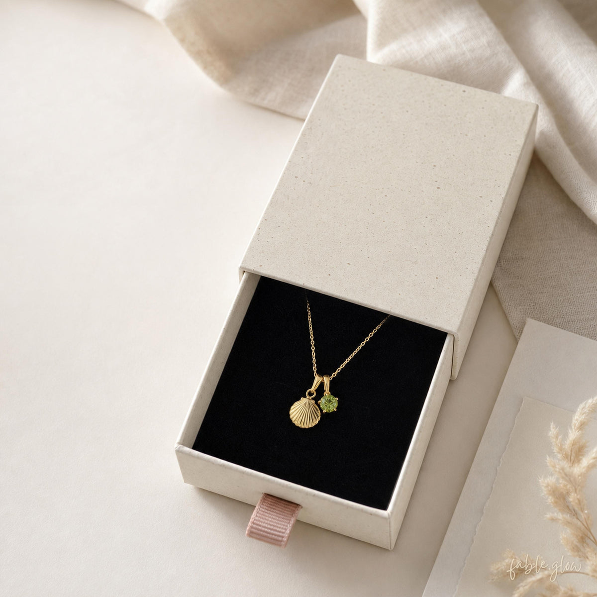14K Real Gold Filled Shell Peridot Necklace, Dainty Coastal Pendant, Natural Peridot August Birthstone Gift for Her, Layering Necklace