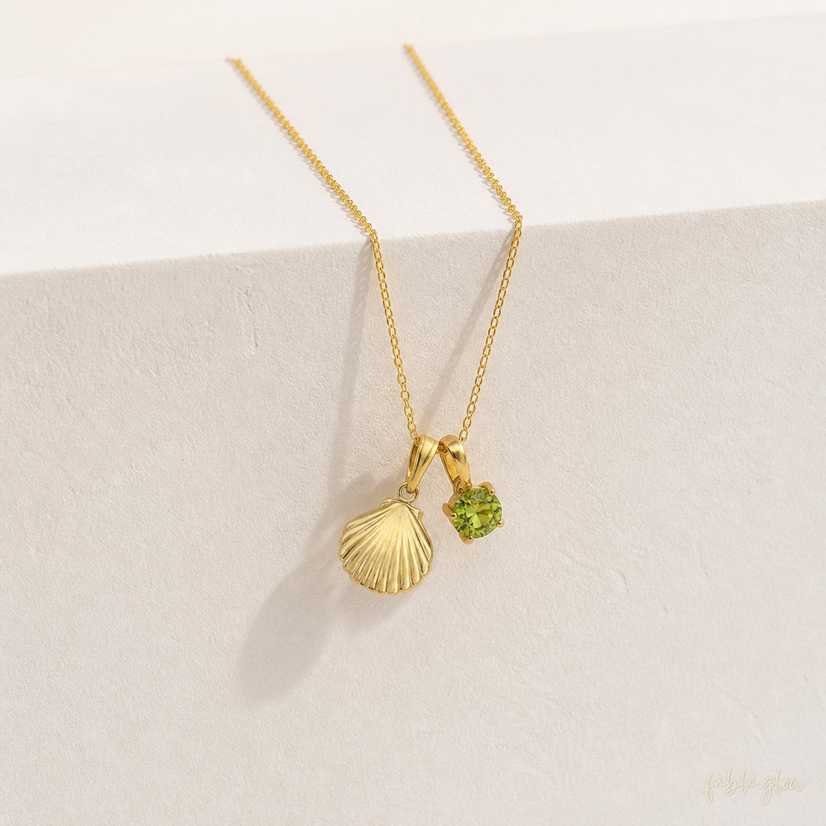 14K Real Gold Filled Shell Peridot Necklace, Dainty Coastal Pendant, Natural Peridot August Birthstone Gift for Her, Layering Necklace
