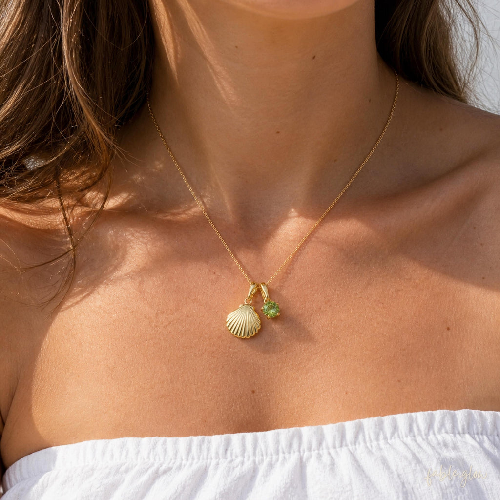 14K Real Gold Filled Shell Peridot Necklace, Dainty Coastal Pendant, Natural Peridot August Birthstone Gift for Her, Layering Necklace