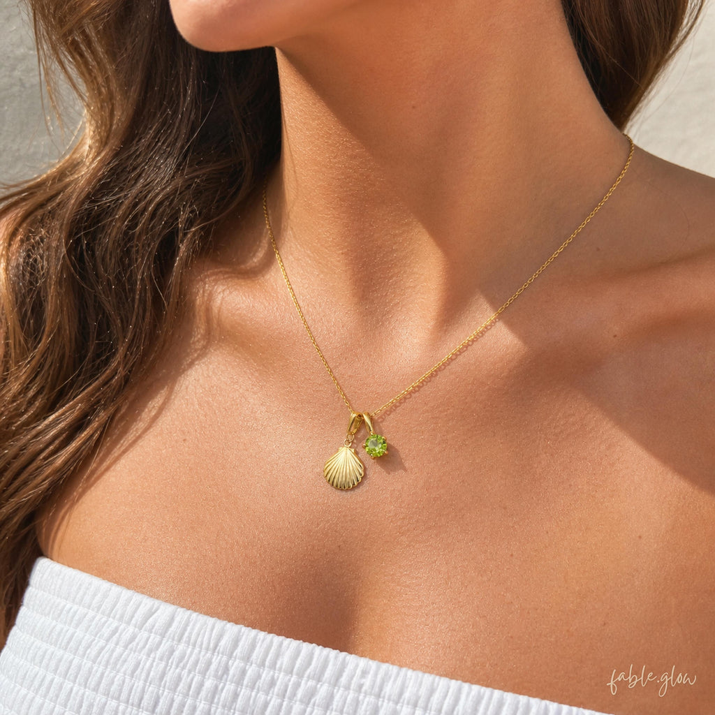 14K Real Gold Filled Shell Peridot Necklace, Dainty Coastal Pendant, Natural Peridot August Birthstone Gift for Her, Layering Necklace