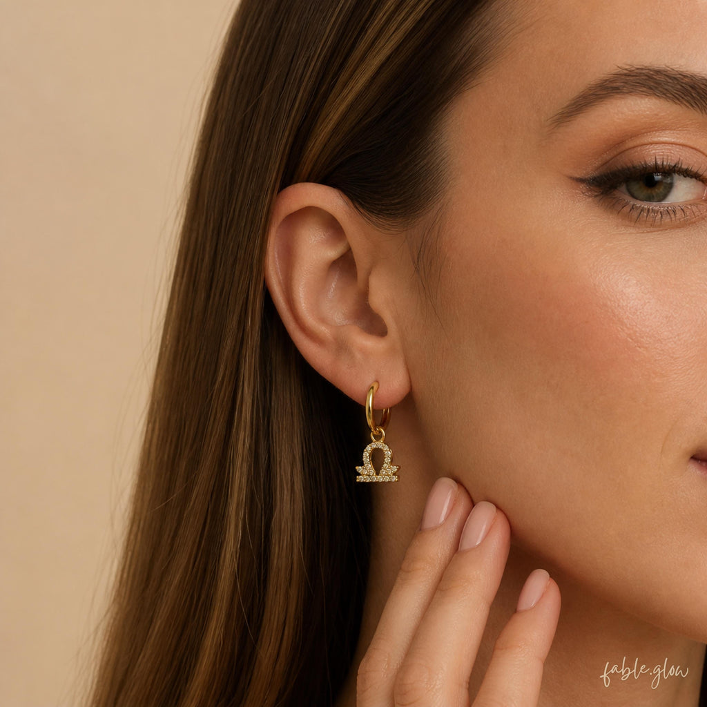 Custom Zodiac Huggie Earrings with CZ Teardrop, 14K Real Solid Gold Filled Astrology Earrings, Virgo Libra Scorpio Birthday Gift for Her