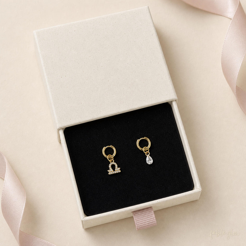 Custom Zodiac Huggie Earrings with CZ Teardrop, 14K Real Solid Gold Filled Astrology Earrings, Virgo Libra Scorpio Birthday Gift for Her