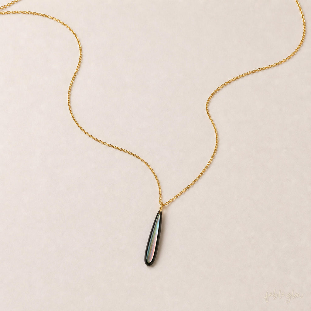 Black Mother of Pearl Drop Necklace, Minimalist 14K Gold Filled Teardrop Pendant, New Start Beginning Gift, Back to School Gift for Her