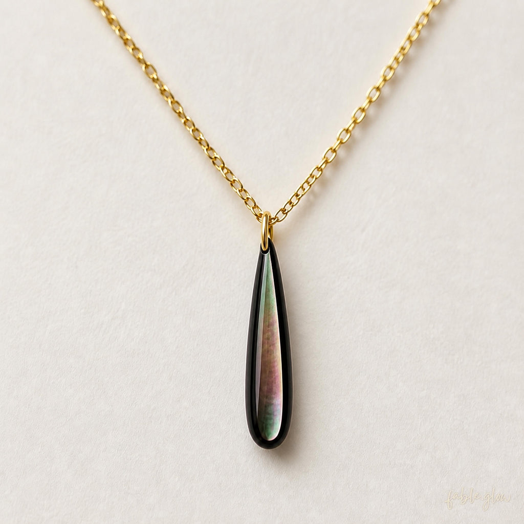 Black Mother of Pearl Drop Necklace, Minimalist 14K Gold Filled Teardrop Pendant, New Start Beginning Gift, Back to School Gift for Her