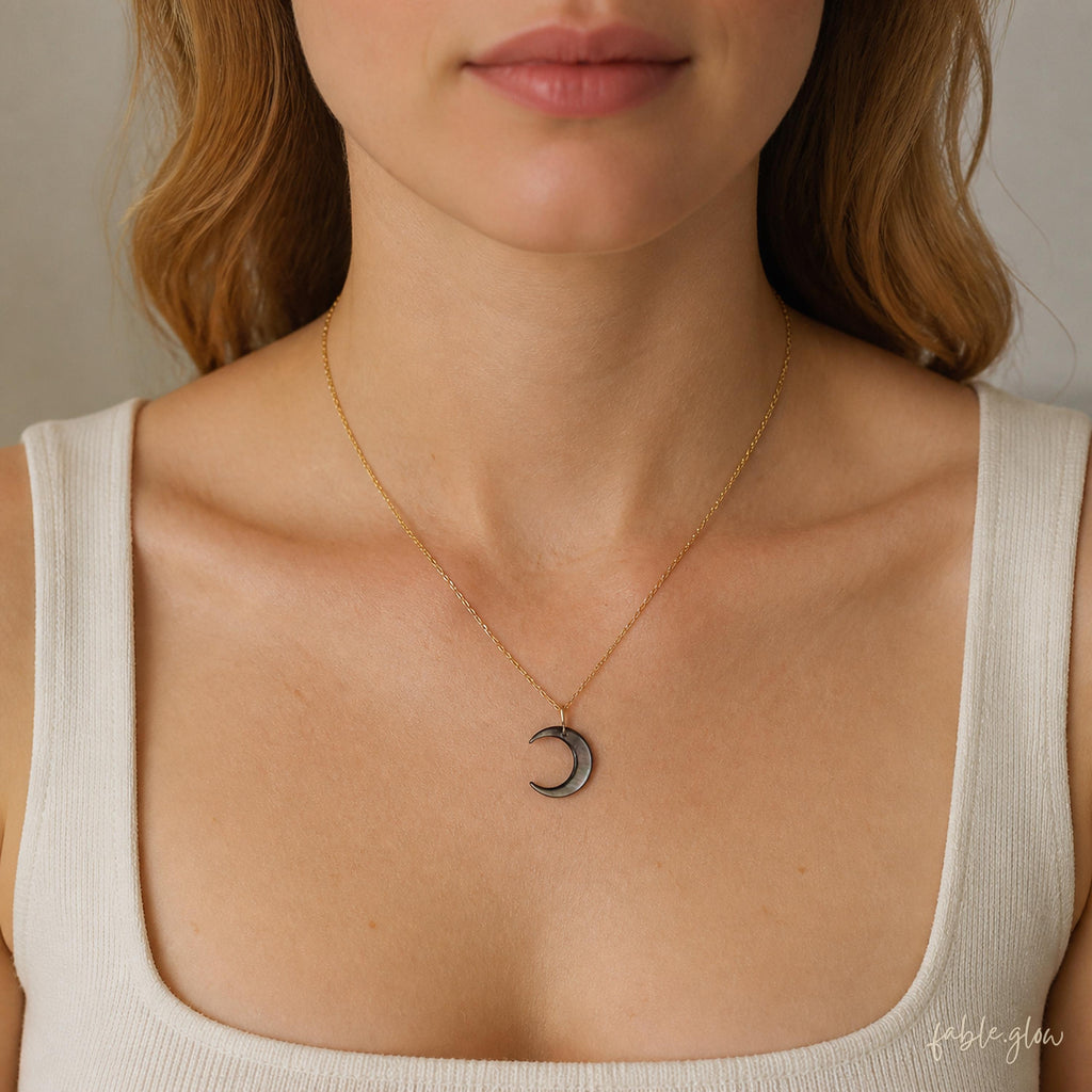 Black Mother of Pearl Moon Necklace, Dainty Gold Crescent Pendant, Minimalist Celestial Jewelry for Work, Gold Layering Necklace