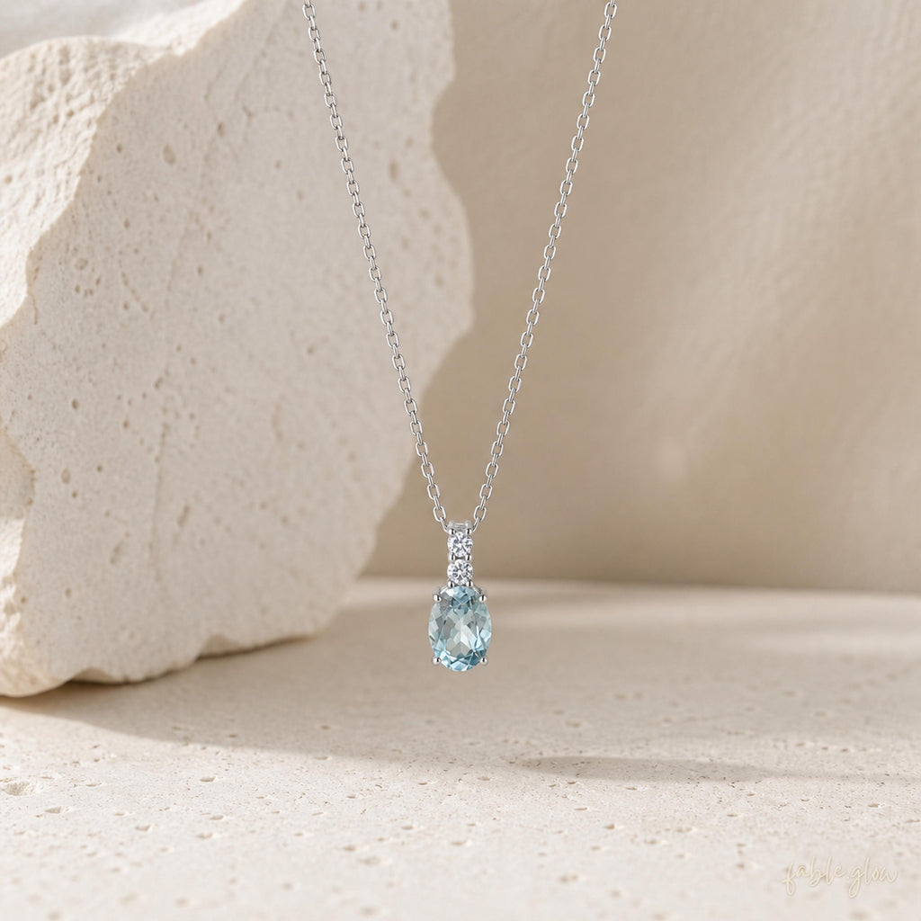 Natural Aquamarine Necklace, March Birthstone Jewelry, Dainty Blue Gemstone Crystal Healing Pendant, Real White Gold, Anxiety Relief Gift