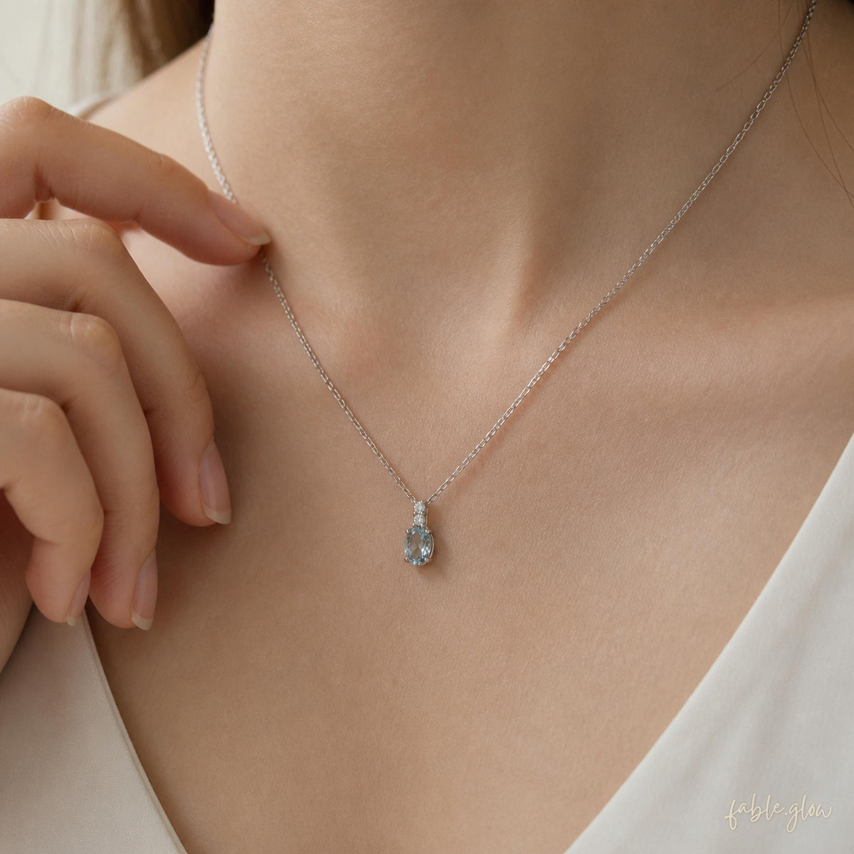 Natural Aquamarine Necklace, March Birthstone Jewelry, Dainty Blue Gemstone Crystal Healing Pendant, Real White Gold, Anxiety Relief Gift