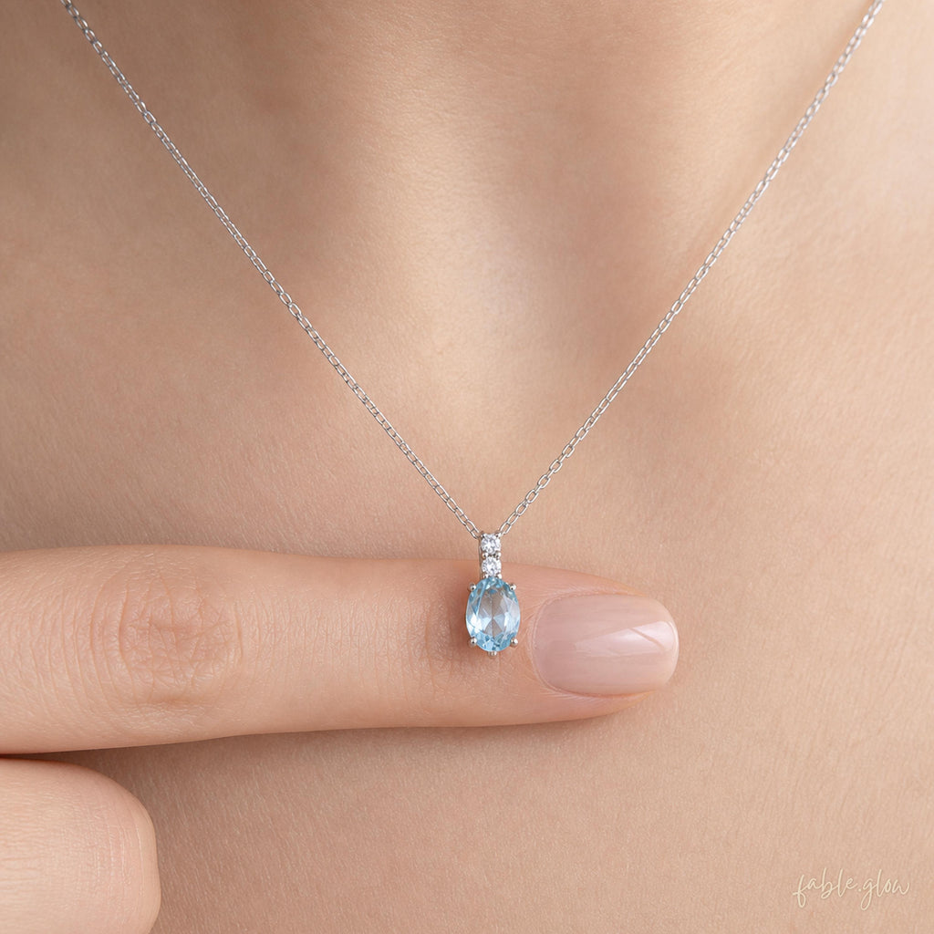 Natural Aquamarine Necklace, March Birthstone Jewelry, Dainty Blue Gemstone Crystal Healing Pendant, Real White Gold, Anxiety Relief Gift