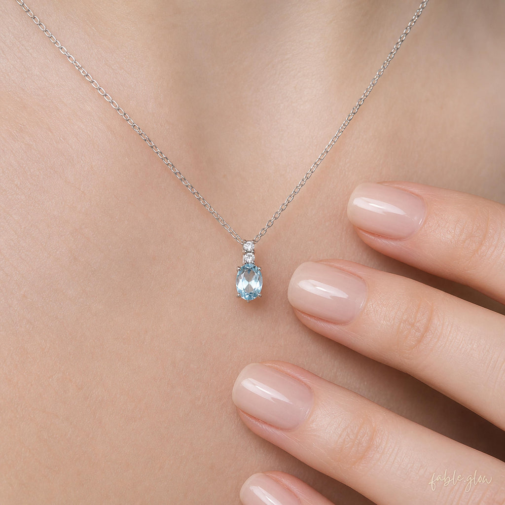 Natural Aquamarine Necklace, March Birthstone Jewelry, Dainty Blue Gemstone Crystal Healing Pendant, Real White Gold, Anxiety Relief Gift