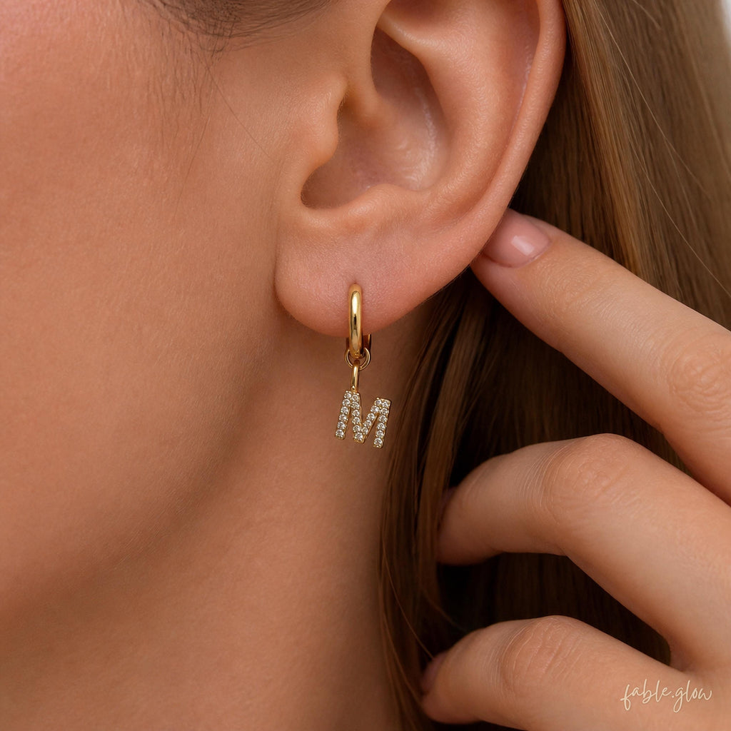 Personalized Initial Name Teardrop Huggies Earrings, 14K Real Solid Gold Filled Hoop, Dainty CZ Drop, Custom Jewelry Birthday Gift for Her