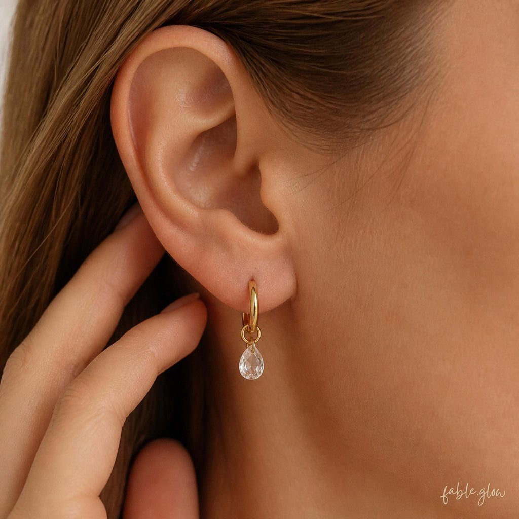 Custom Zodiac Huggie Earrings with CZ Teardrop, 14K Real Solid Gold Filled Astrology Earrings, Virgo Libra Scorpio Birthday Gift for Her